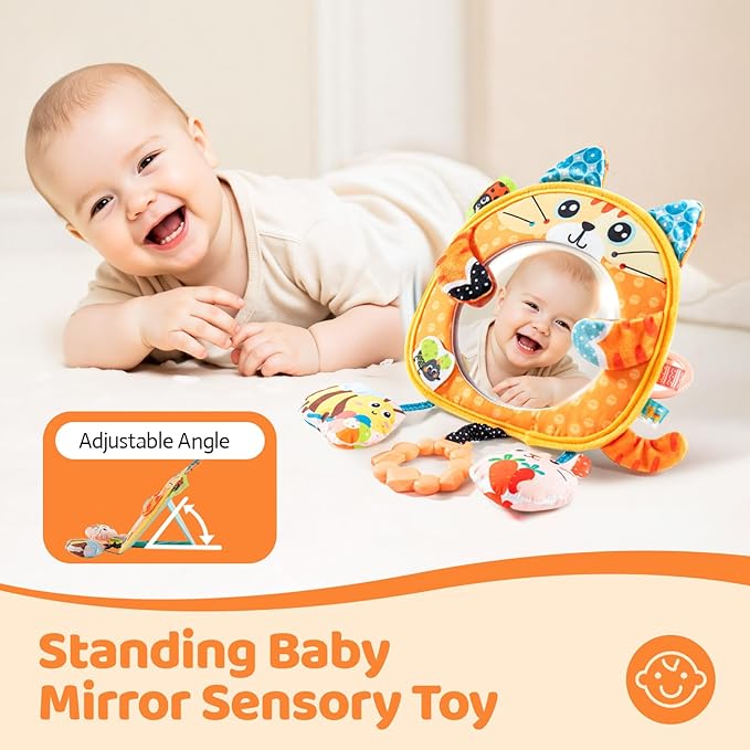 Jollybaby Car Seat Crib Stroller Play Gym Hanging Toy for Baby 0-3-6-12 Months, Tummy Time Mirror Toys Gifts for Newborn Infants, Carseat Travel Toy for Road Trip - Cat