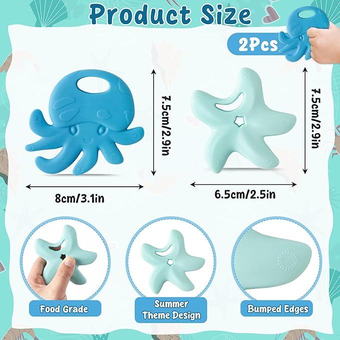 2Pcs Summer Silicone Teething Toy for Babies Ocean Animal Themed Sore Gums Pain Teething Relief Chew Toy Summer Ocean BPA Free Soft Teether for Infant Toddler Newborn 6-12 Months Birthday Baby Shower