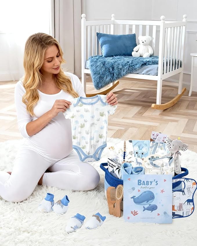 25-Pcs Luxury Baby Boy Gift Basket Set, Blue (0-12M Newborn) | Premium Baby Shower Gifts with Keepsake Memory Book. Ultimate Newborn Essentials in Woven Basket for Unforgettable Welcome Mom Gift