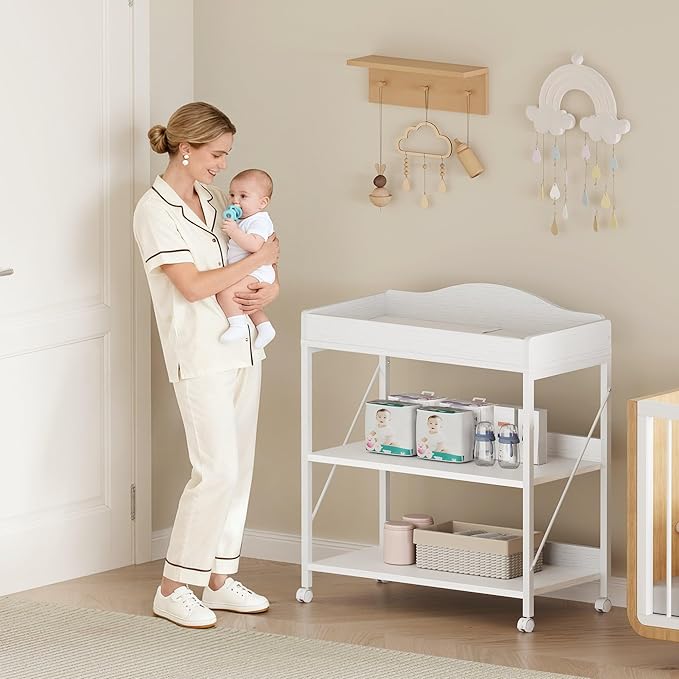 Baby Changing Table, Diaper Changing Station with Pad and Wheels, Two-Tier Open Storage Shelves, Waterproof Diaper pad & Safety Strap, Compact Baby Furniture for Nursery, White