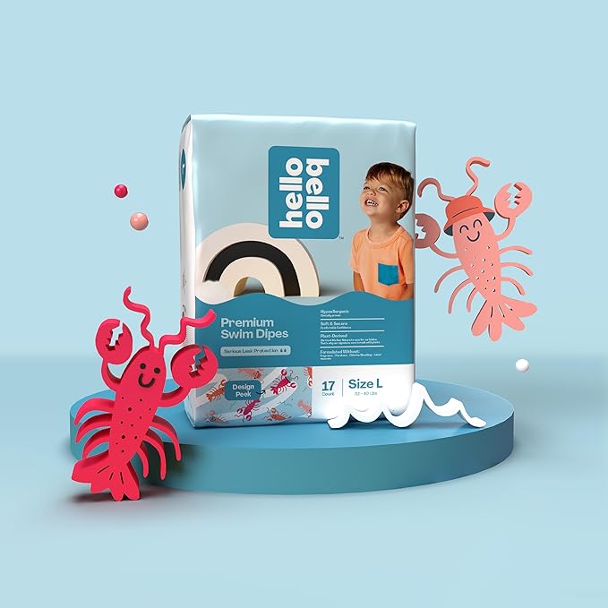 Hello Bello Premium Swim Diapers - Size L (32-40 lbs), Cute Extra-Bright Lobster Designs, 17 Count Jumbo Pack (Pack of 2)
