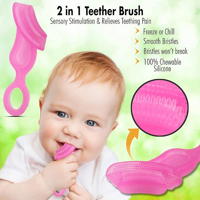 First Teeth Oral Care Kit by Brilliant Oral Care - Includes Baby's 1st Teether Brush, Brilliant Baby Toothbrush & 2oz Spry Strawberry-Banana Tooth Gel 4 Months Old and Up, Pink (00545P)