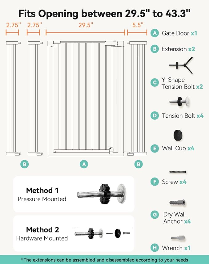 COMOMY 42" Extra Tall Baby Gate for Stairs Doorways, Fits Openings 29.5" to 43.3" Wide, Auto Close Sturdy Safety Dog Gate for House, Pressure Mounted Easy Walk Through Pet Gate with Door, Black
