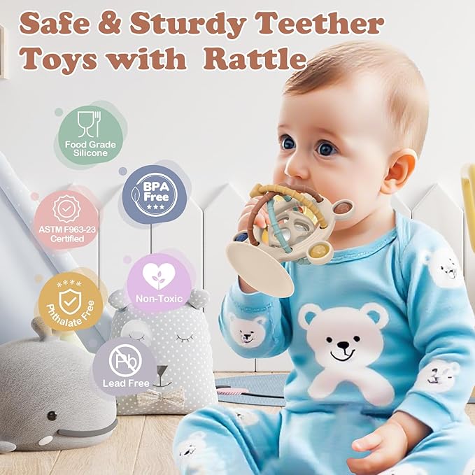 TYRY.HU Silicone Baby Teething Toys for Babies 0-6 6-12 Months, Multi Purpose High Chair Toys, Baby Suction Table Toys, Montessori Sensory Toys with Rattle for Teething Relief, Gift for Infant, Khaki