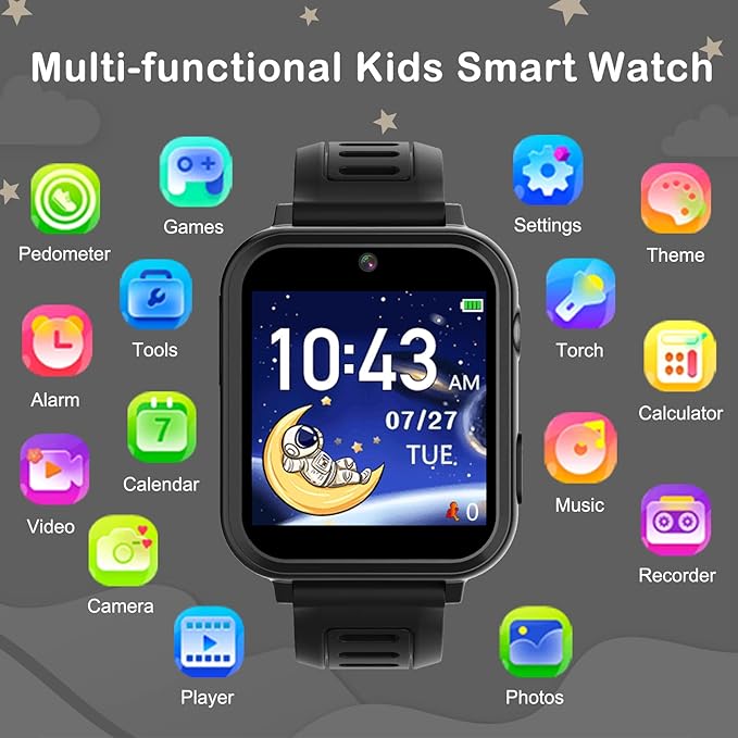 Phyulls Smart Watch for Kids, Smart Watch Toys with 39 Games Camera Video Recorder Music Alarm Calculator Calendar Flashlight Stopwatch Pedometer Gift Toys for 3-12 Years Old Boys and Girls (Black)