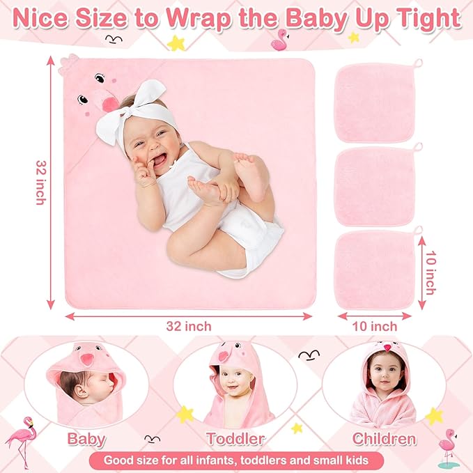 4 Pcs Baby Towels and Washcloths Set, Hooded Baby Towel, Soft and Absorbent Baby Bath Towels, 32x32 in Baby Towel with Hood and 3 Pcs Baby Washcloths for Boys and Girls (Pink Flamingo)