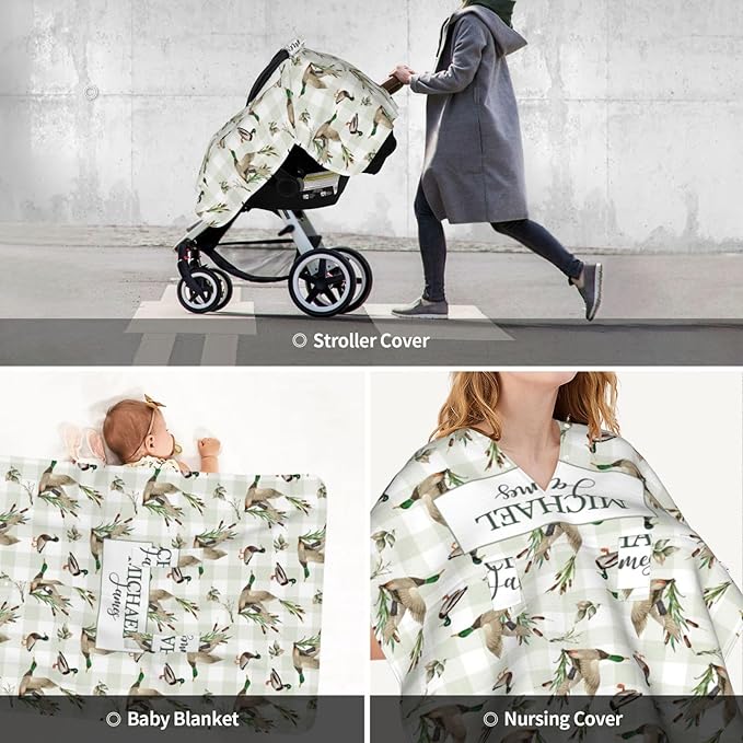 Personalized Baby Boy Car Seat Canopy for Babies, Custom Name Baby Car Seats Cover for Boys, Wild Ducks Opening Minky Nursing Breastfeeding Covers for Infant, Carseat Canopies for Newborn
