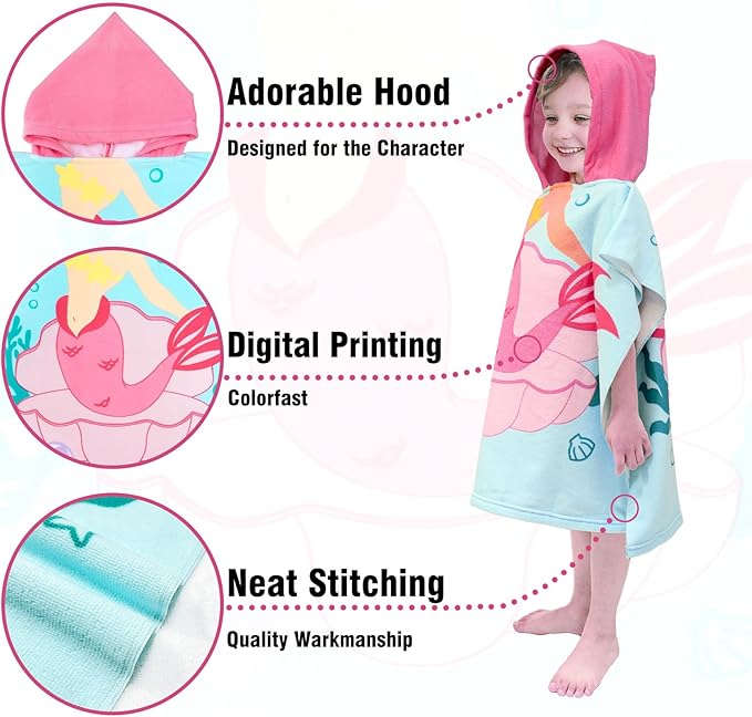 Hooded Kids Beach Towels - Toddler Bath Towel Girls Boys Swim Cover-ups for Ages 1 to 6 Kids Pool Towels Quick Dry Lightweight Soft Microfiber Poncho Towel 24x23 (Mermaid Seashell)