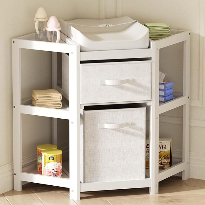 XJD Changing Table, Corner Baby Changing Table Dresser with 2 Storage Drawers, Diaper Changing Station with Pad for Nursery