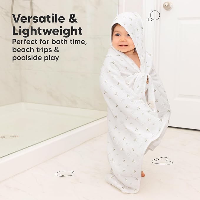 KeaBabies Muslin Baby Bath Towels with Hood for Girls, Boys -Large Organic Cotton Hooded Baby Towels for Newborns,Toddlers,Infant,Kids,Soft Absorbent Newborn Bath Essentials Gift Set(Meadow, Regular)