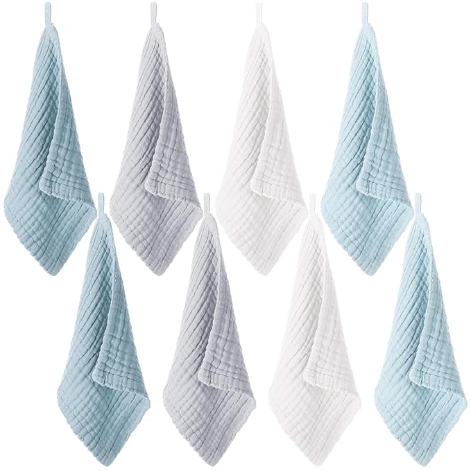 8 Pcs Baby Washcloths for Newborn 12 x 12 Inch Muslin Face Towels Cotton Absorbent for Delicate Skin Soft Muslin Cloth Reusable Baby Registry as Shower Gift, 4 Colors (Blue Color)