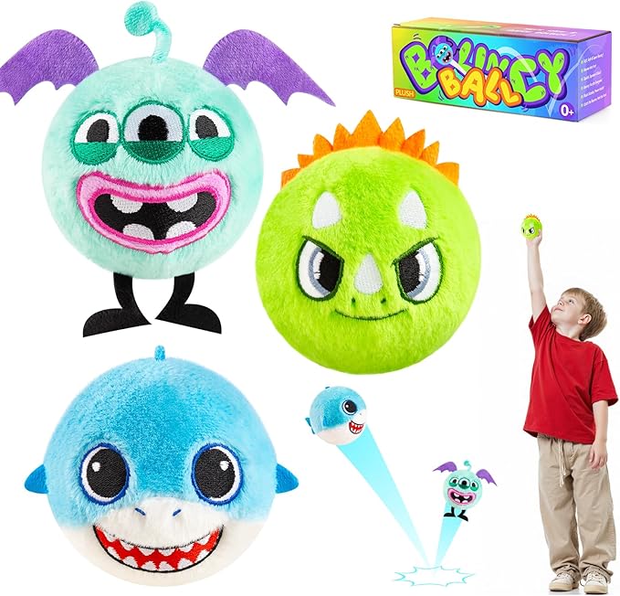 ZOOJOY 3 Pcs Plush Bouncy Balls for Toddlers and Kids, 3-Inch High Bounce Sensory Toys Featuring Dinosaur, Shark & Monster, Soft Game Balls Gift for Boys 6 Months+, Indoor & Outdoor Play