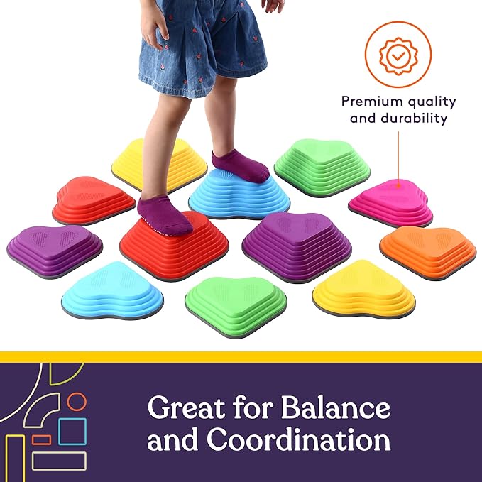Special Supplies Stepping Stones for Kids Indoor and Outdoor Balance Blocks Promote Coordination, Balance, Strength Child Safe Rubber, Non-Slip Edging (Multi-Color, 12)