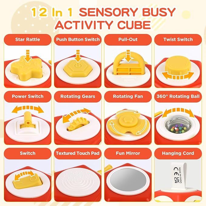 Montessori Activity Cube & Busy Board for 1 Year Old - 12-in-1 Travel Toys for Airplane & Car, Car Seat & Stroller Activity Toy, Toys Gift for 1 Year Old Boy Girl, Valentine Gifts for Kids