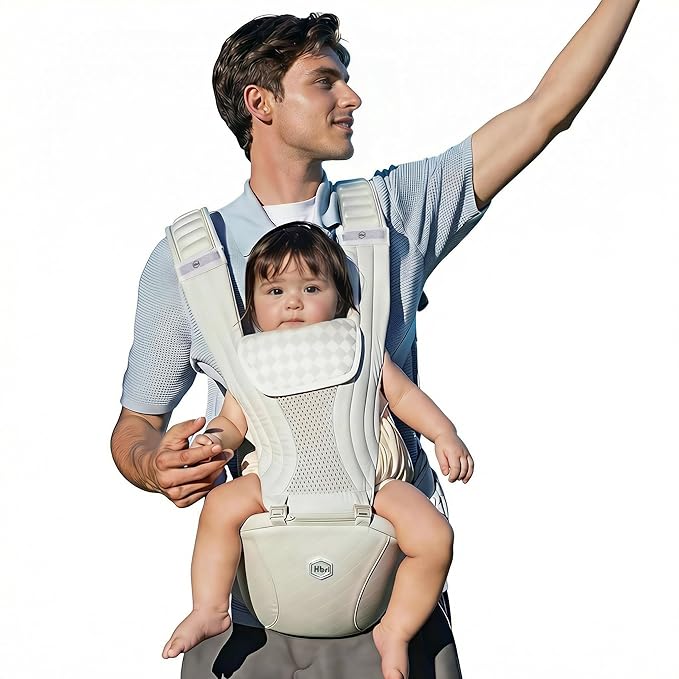 HBR Ergonomic Baby Carrier with Hip Seat, 6-in-1 Front Facing Infant & Toddler Carrier, Innovative Air-Padded Shoulder Strap, Hands-Free, Supports 45 lbs, Fits Waist up to 47in, Silver Mist White