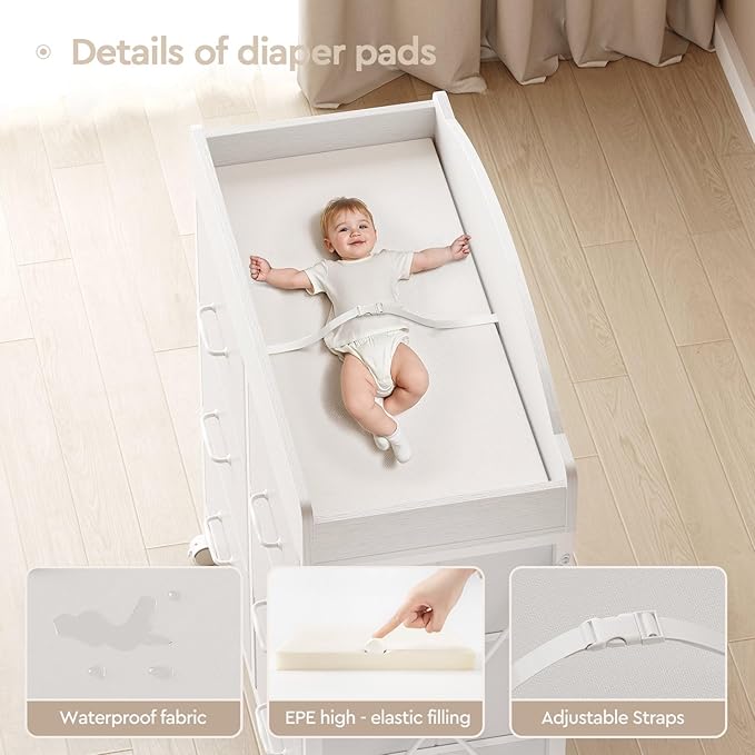 Baby Changing Table Dresser with Wheels, 6-Fabric Drawer Baby Dresser with Changing Table Top, Waterproof Diaper Changing Station & Pad, Mobile Storage Unit, Compact Baby Furniture, White