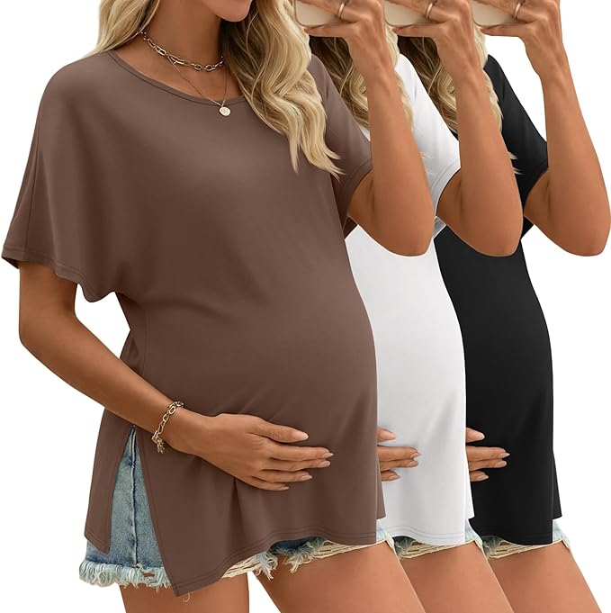 Riyiper 3 Pack Women's Maternity Tunic Shirts Cotton Summer Pregnancy Clothes Loose Oversized Split Side Blouse Tops