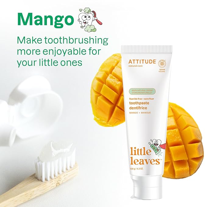 ATTITUDE Kids Fluoride-Free Toothpaste, EWG Verified, Plant- and Mineral-Based Ingredients, Vegan, Sugar-Free, Mango, 4.2 Oz