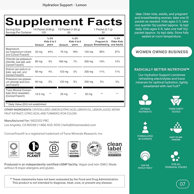 Needed Hydration Support with Electrolytes for Pregnancy & During Lactation & Trace Minerals – 30 Packets Lightly Sweetened with Real Fruit, Lemon