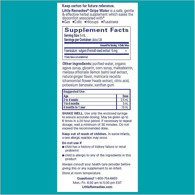 Little Remedies Gripe Water for Babies, With Chamomile, for Baby Gas Relief, No Alcohol or Artificial Dyes, 4 Fl Oz, Pack of 6