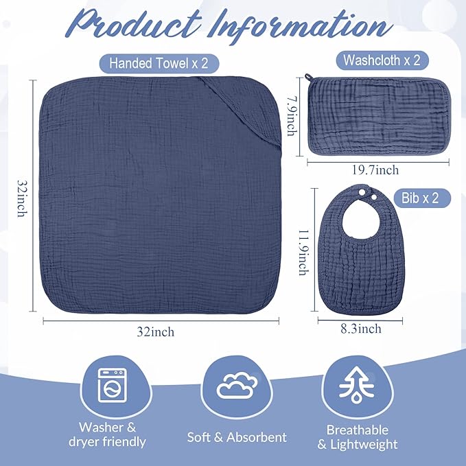 6 Pcs Muslin Hooded Bath Towels Washcloths and Bibs Set, Muslin Cotton Baby Towels Absorbent Hooded Blanket Towel Infant Bibs for Boys Girls Newborn Infant Essential(Dark Blue, Light Blue)