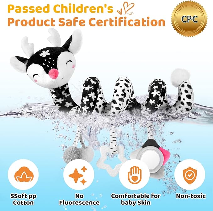 Car Seat Toys for Babies 0-6 Months Boy&Girl, Carseat Toys Hanging Black and White High Contrast Toy for Baby 0-3 Months, Spiral Activity Plush Toys Stroller Toys for 0 3 6 9 12 Months Baby Ideal Gift