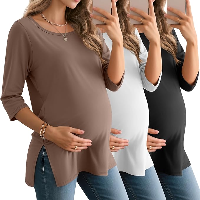 3 Pack Women's 3/4 Sleeve Maternity Shirts Elbow Length Clothes Round Neck Tunics Pregnancy Loose Side Split Tops