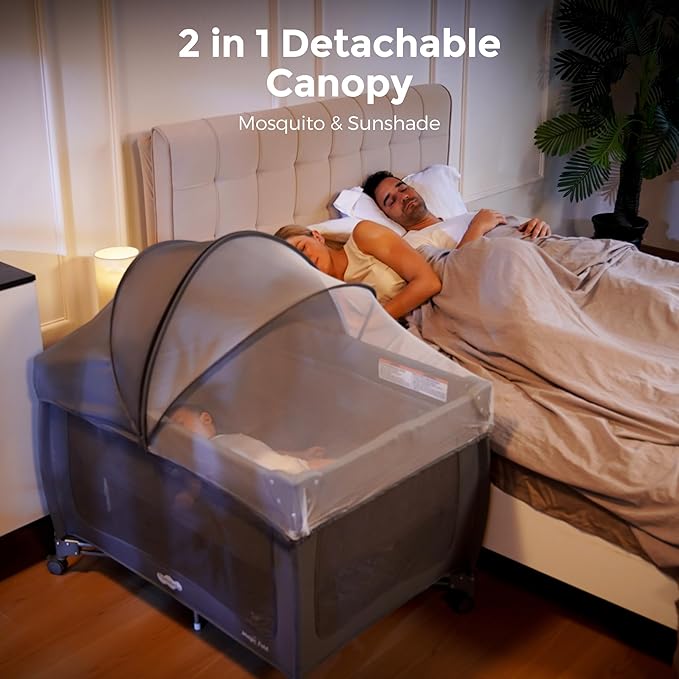Pamo Babe Pack and Play One-Step to Fold 4-in-1 Portable Crib for Baby with Bassinet, Mosquito Net, Changing Table