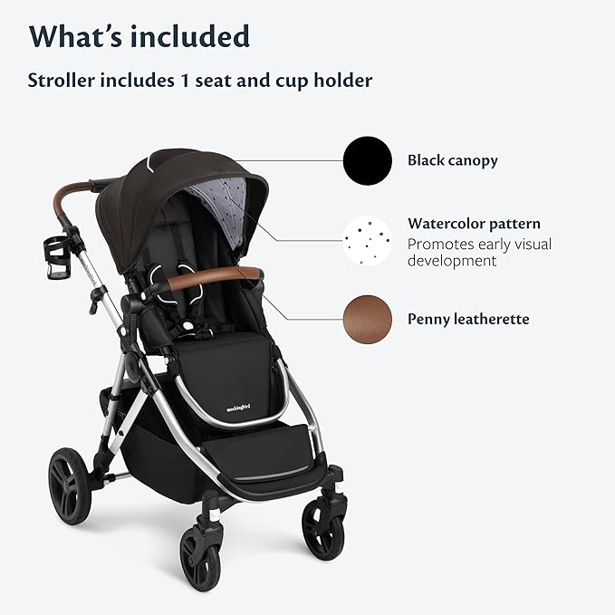 Mockingbird Single-to-Double Stroller 2.0 - Convertible Full-Size Baby Stroller for 1, 2 or 3 Kids - Includes Cup Holder - Black