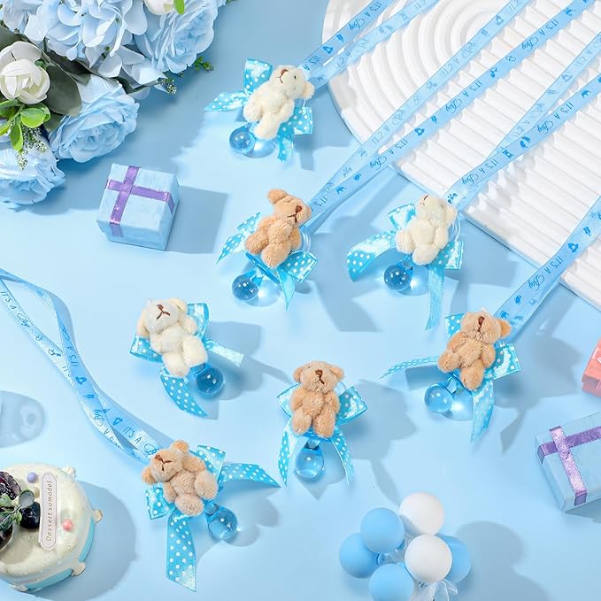 Remuuly 24 Pcs Baby Shower Pacifier Necklaces with Plush Bears Its a Boy Acrylic Pacifier Necklaces for Guest Baby Shower Games Party Favors Gender Reveal Prize Table Scatter Decorations