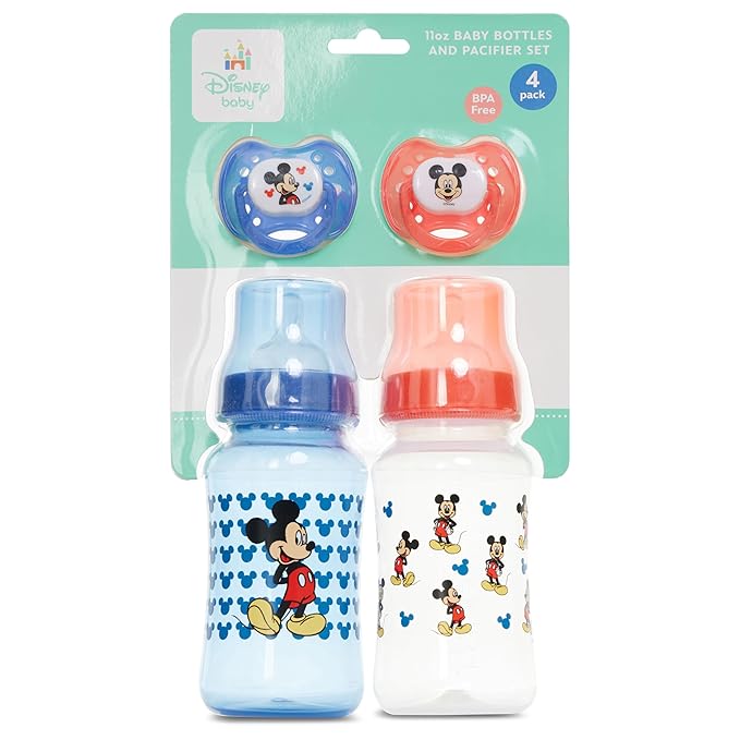 Disney Baby Bottles and Pacifiers Set – 2 Hourglass-Shaped 11oz Bottles + 2 Orthodontic Pacifiers – Officially Licensed Mickey, Minnie, Pooh & Dumbo Designs – BPA-Free Feeding Gift Set