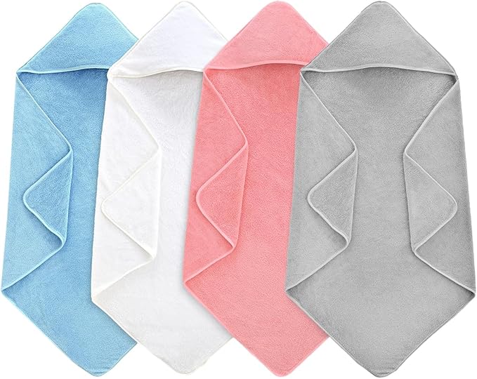 4 Pack Hooded Baby Towels, 32x32 Inch Absorbent Bath Towels, Soft Coral Fleece Hooded Towel for Newborns, Infants, and Toddlers – Baby Bath Essentials (Light Gray + Sky Blue + White + Pink)
