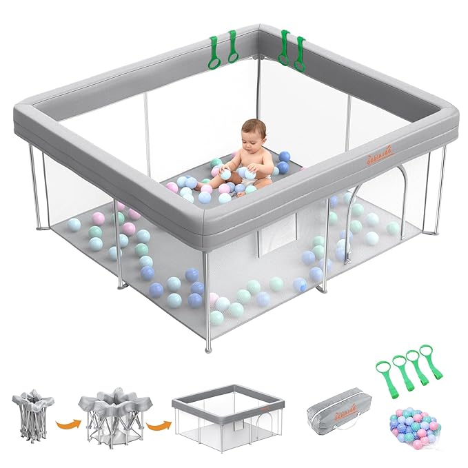 Foldable 50x50 Playpen, Portable Baby Playpen for Babies & Toddlers, Quick Fold Safety Play Yard with Balls, Pull Rings & Carry Bag, Indoor & Outdoor, Grey