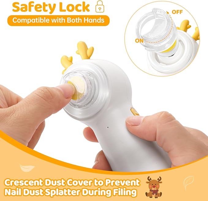 Baby Electric Nail File with Clipper, 5-in-1 Baby Nail Trimmer with LED Light, Rechargeable Nail Clippers for Infant Toddler Kid Adult, Low Noise, Includes 5 File Pads, Yellow Deer