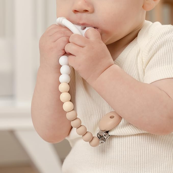 Comfy Cubs Pacifier Clips 2 Pack - 100% Food Grade Silicone Baby Pacifier Clips, BPA & PVC Free - CPSIA Certified, Lightweight and Flexible Baby Gifts - Beige, Light Beige & White
