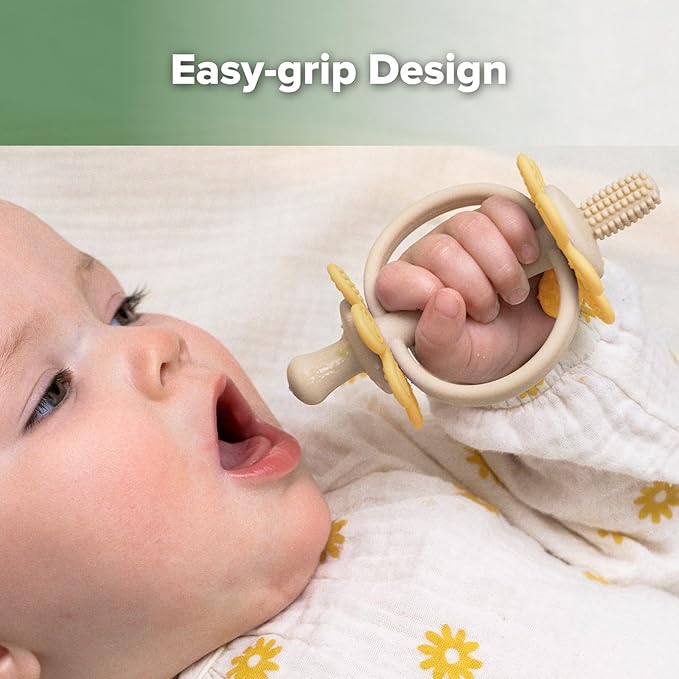 haakaa Silicone Twin Flower Teether,Nipple-Shaped End for Gum Massage,360° Baby Toothbrush Head for Self-Brushing Training,Easy to Grip -Mango