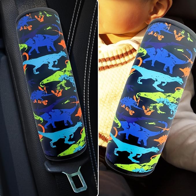 Seat Belt Cover for Kids, Seat Belt Pad for Boys Girls, Car Seat Straps Shoulder Pads for Kids, Kid's Seat Belt Cushion, Shoulder Strap Pad, 1 Piece （Black Dinosaur）