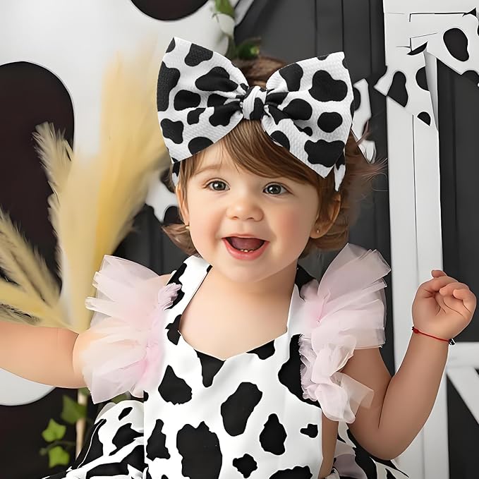 2Pcs Moo Cow Print 7’’ Hair Bows for Baby Girls Cowgirl Accessories Infant Toddler Baby Girl Headbands Pink Bow Hair Wrap