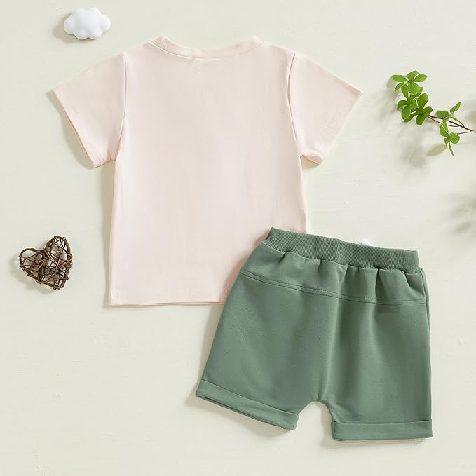 fhutpw Toddler Baby Boy Summer Clothes Tractor Letter Short Sleeve T-Shirt Tops Pockets Casual Shorts Set Infant Outfits