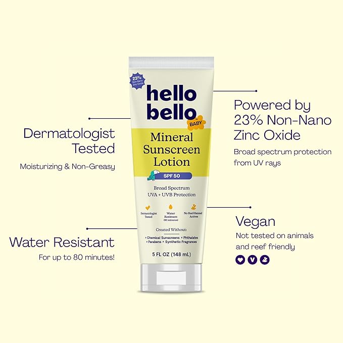 Hello Bello Baby Mineral Sunscreen SPF 50 Lotion - Broad Spectrum Sun Protection for Sensitive Skin - Water Resistant with Antioxidants - 5oz