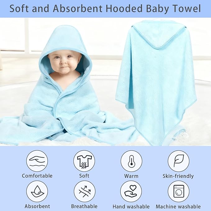4 Pack Hooded Baby Towels, 32x32 Inch Absorbent Bath Towels, Soft Coral Fleece Hooded Towel for Newborns, Infants, and Toddlers – Baby Bath Essentials (2X Light Gray + 2X Sky Blue)