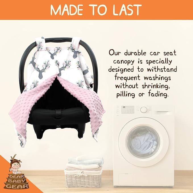 Dear Baby Gear - 40x30 Car Seat Canopy, Infant Carrier Cover for Boys & Girls, Cozy Fall, Nursing & Stroller Use, Newborn Travel Sunshade Accessory, Antler & Flower, Pink Dot