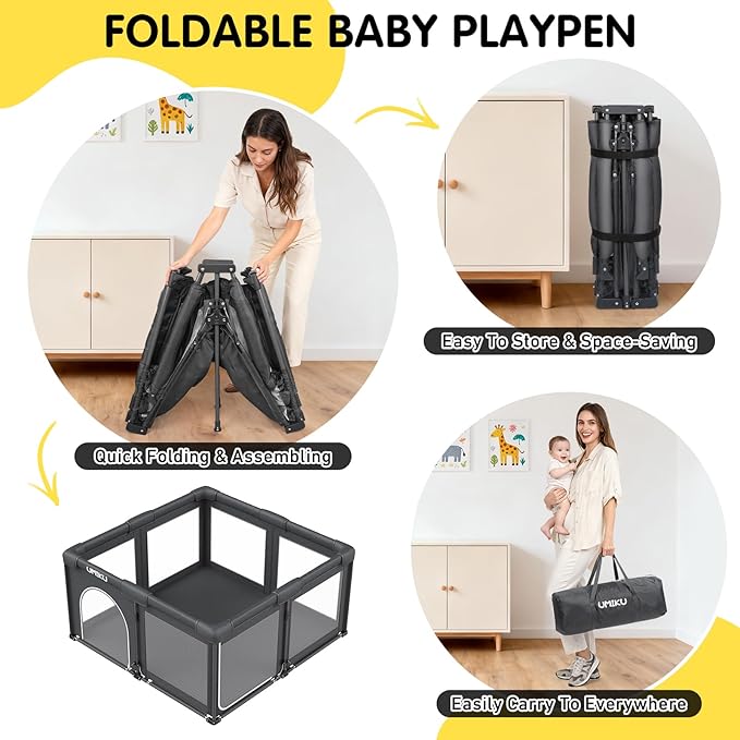Baby Playpen Foldable Playpen for Babies and Toddlers, Large Playpens Portable Play Pen with 2 Doors Play Yard for Kids Fence Indoor Outdoor 4 Handlers 50 Balls Baby Gifts Essentials 50"X50" Dark Grey