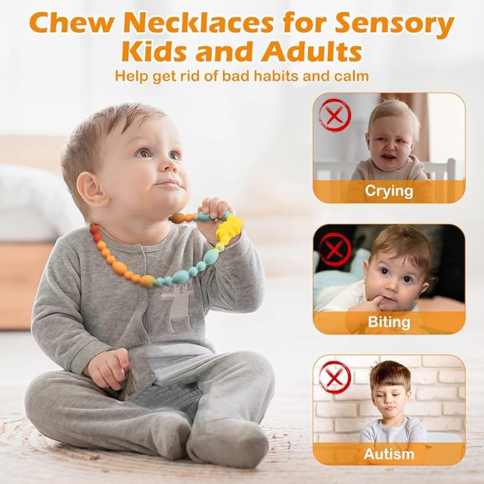 Teething Necklace for Baby, One-Piece Safety Design for Toddler, Chew Necklaces for Sensory Kids Adults with Autism, ADHD, Fidget, Biting, Anxiety - Flower Chew Jewelry Toys for Teething Relief