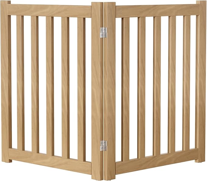 2-Panel Solid Wood Dog Gate - Freestanding Folding Pet Gate for Doorways, Stairs, Indoor, 24" Height, No Installation Needed, Natural Wood
