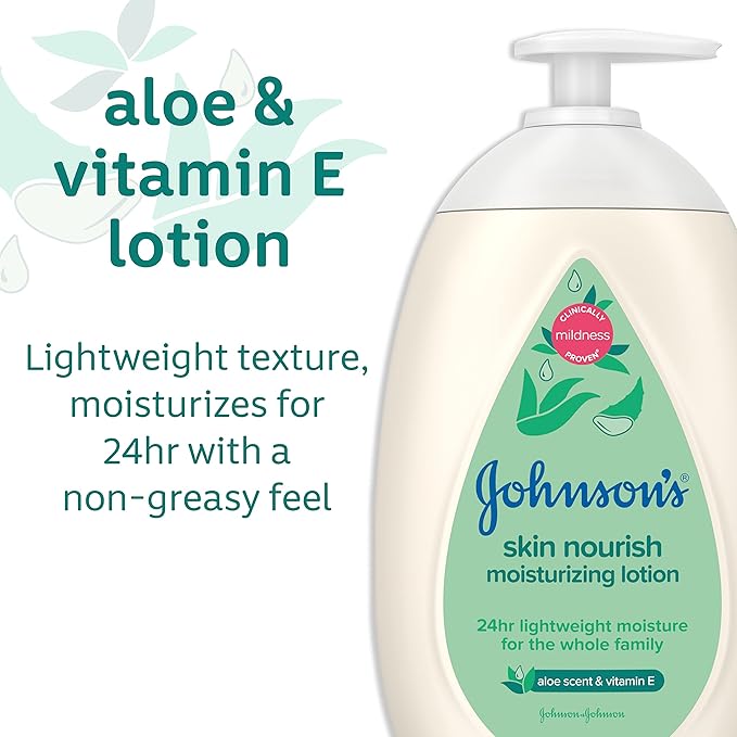 Johnson's Skin Nourish Moisturizing Baby Lotion with Aloe Vera Scent & Vitamin E, Gentle & Lightweight Body Lotion for The Whole Family, Hypoallergenic, Dye-Free, 16.9 fl. oz (Pack of 2)