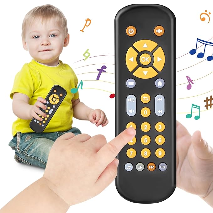 Baby TV Remote Control Toy 6 Month+, Toddler Realistic Remote Toy with Sound and Light, Early Educational Music Toys with 3 Languages English French Spanish for Infant Boys Girls 6 12 18 months