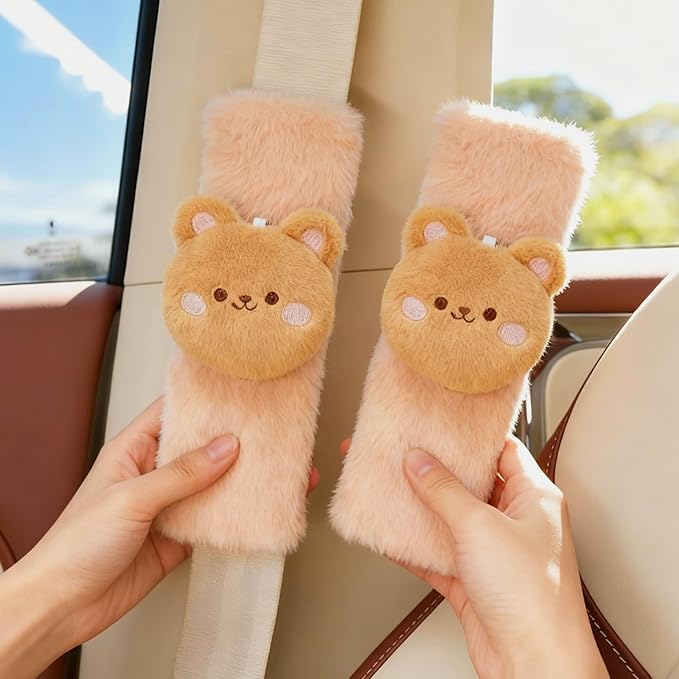 2 PCS Seat Belt Cover Pad, Cute Kawaii Animal Bear Seatbelt Covers for Kids and Adults, Winter Plush Fluffy Soft Seat Belt Cover, Cartoon Seatbelt Cushion,Car Seat Strap Pads (F-Bear)