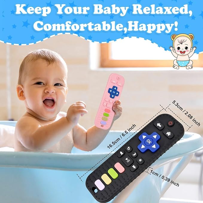 2 Pack Teether Toy for Babies Over 3 Months, TV Remote Control Shape Silicone Teething Toys for Infants 6-12 Months, Boys Girls Baby Teething Toys, Babies Chew Toys, Freezer BPA Free