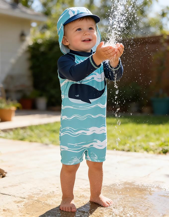 ADUKIDE Baby Boys Swimsuit Summer Beach Rash Guard Swimwear One Piece Sunsuit with Sun Hat 3-24 Months